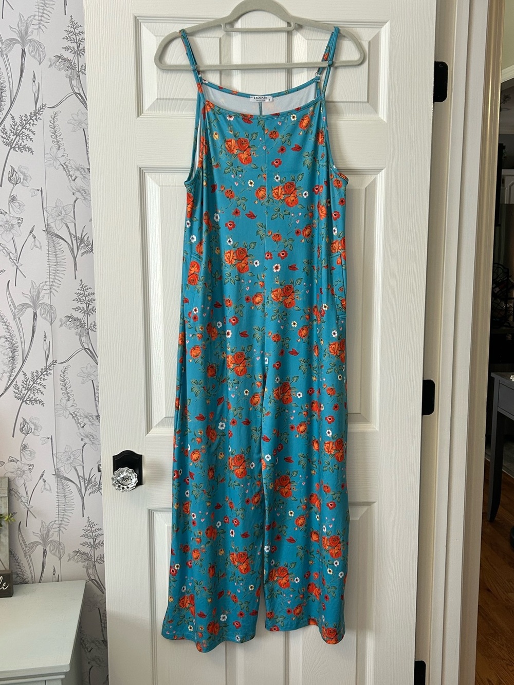 Ekouaer Boho adjustable spaghetti strap, Wide Leg Jumpsuit with Pockets, medium